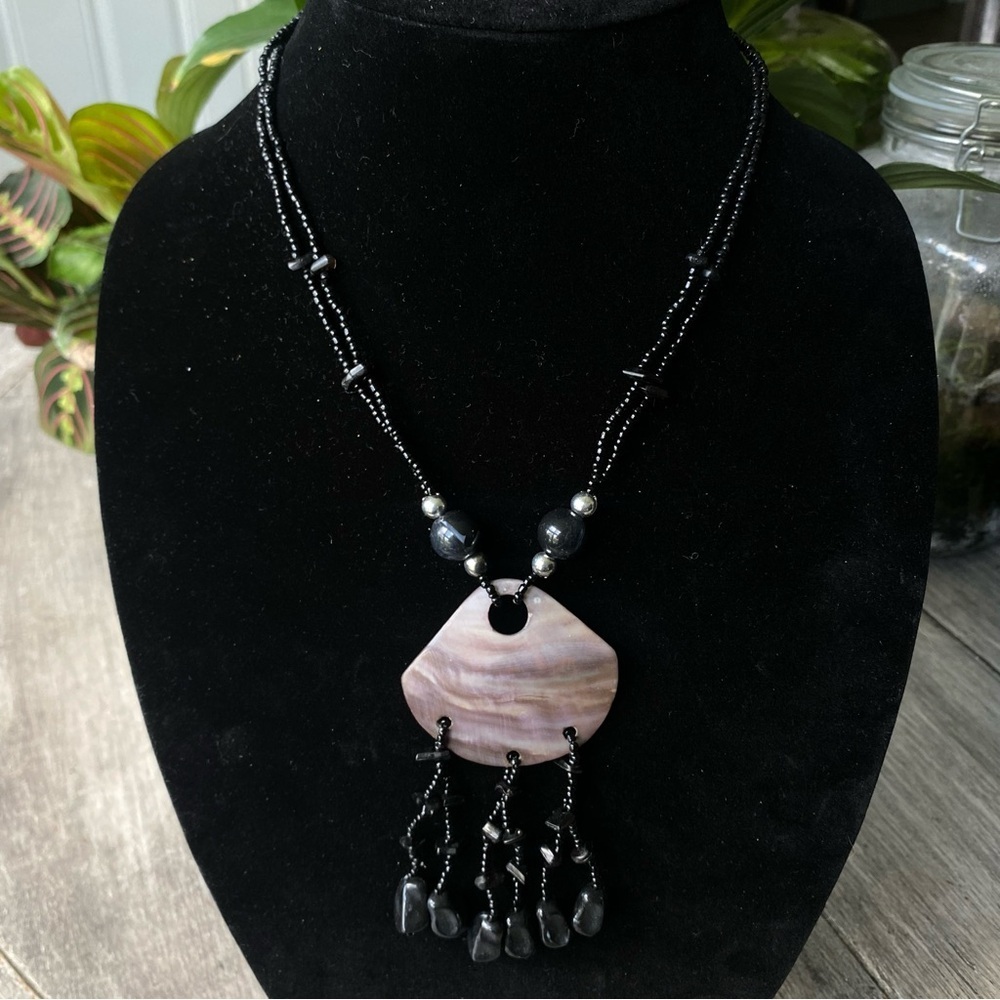 Shell Pendant w/ Black Seed Bead Tassels Double Strand Necklace